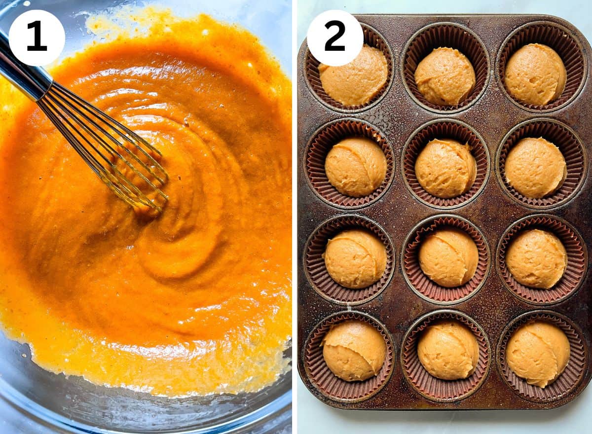 (left) Pumpkin muffin batter in a bowl with a whisk. (right) Pumpkin muffin batter in a muffin pan.