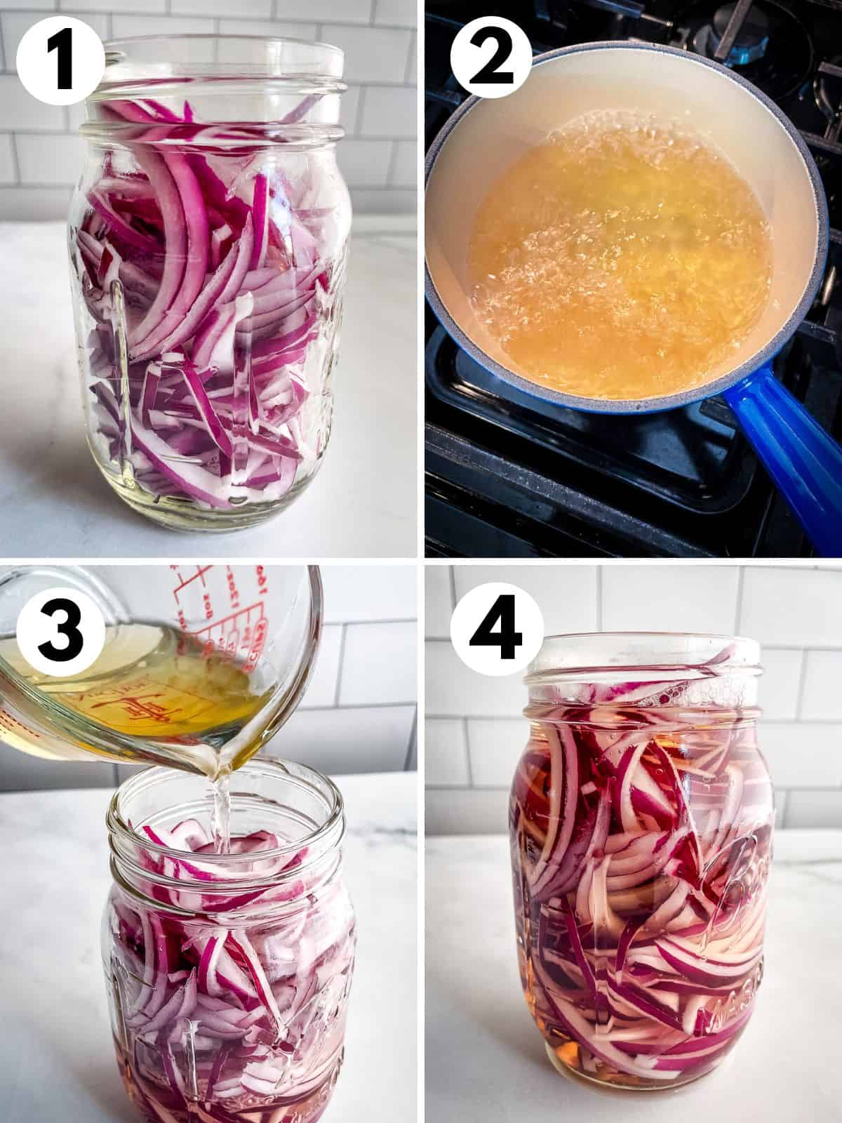 1. Red onion slices in a pint jar. 2. Apple cider vinegar brine boiling in a small pan. 3. Pouring brine into jar over the onion slices. 4. Jar of pickled red onions and brine.