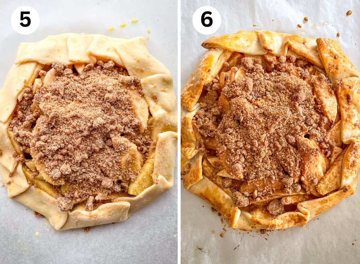 (left) Crumb-topped apple galette on a baking sheet. 6. Baked apple galette.