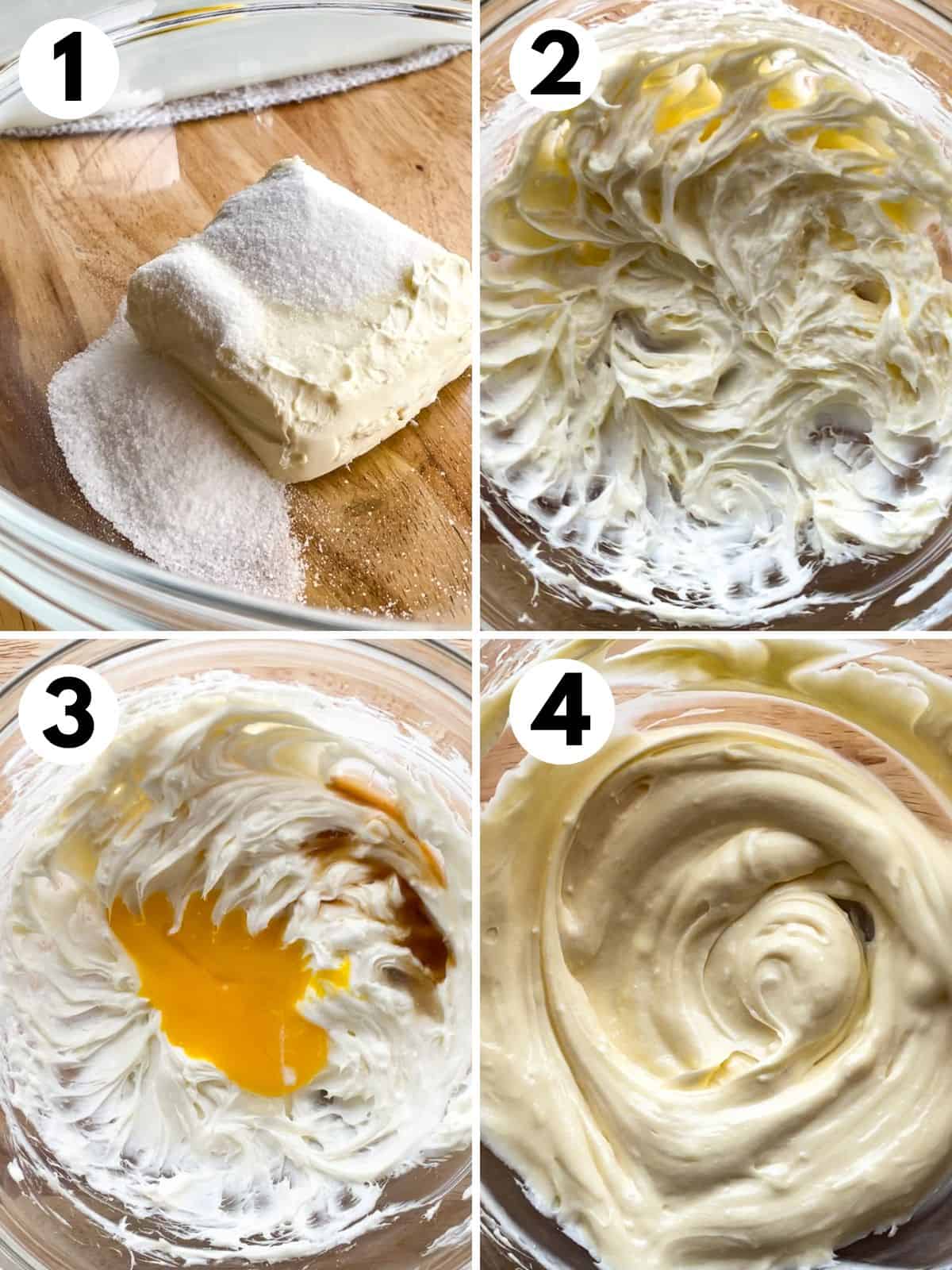 1. Cream cheese and sugar in a bowl. 2. Cream cheese and sugar mixed until smooth. 3. Egg yolk, lemon juice, and vanilla added to cream cheese mixture. 4. Cream cheese filling in a bowl.