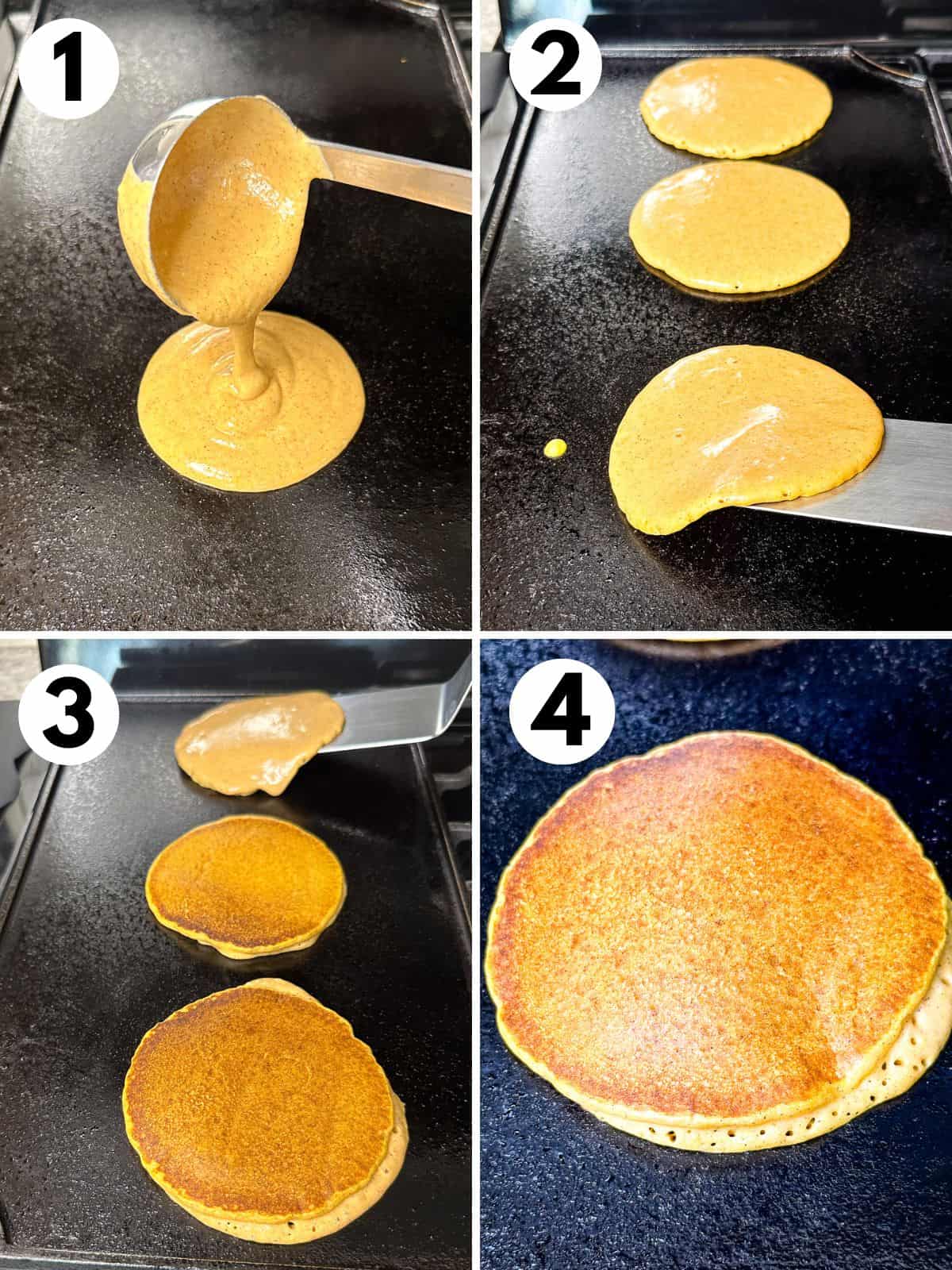 Cooking pancakes on a griddle. 1. Spooning batter into a cast iron griddle. 2. Flipping a pancake. 3. Cooked pancakes on a griddle. 4. A cooked pancake that's evenly brown.