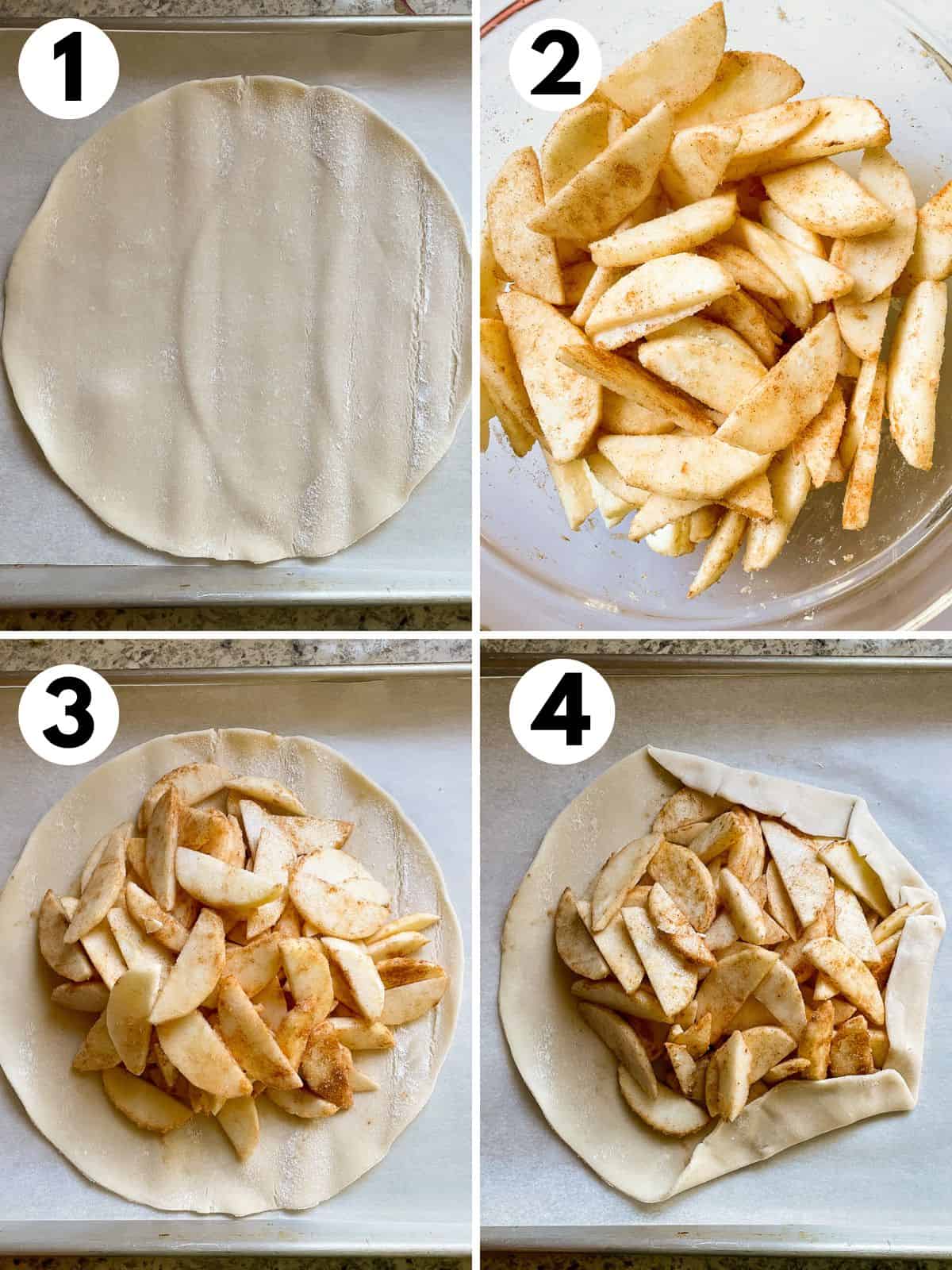 Steps for making an apple galette. 1. Pie dough rolled out onto pan. 2. Apple filling mixed together in a bowl. 3. Filling piled in the center of the dough. 4. Dough being folded over the edge of the filling.