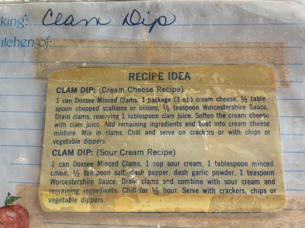 Clam dip recipe card.