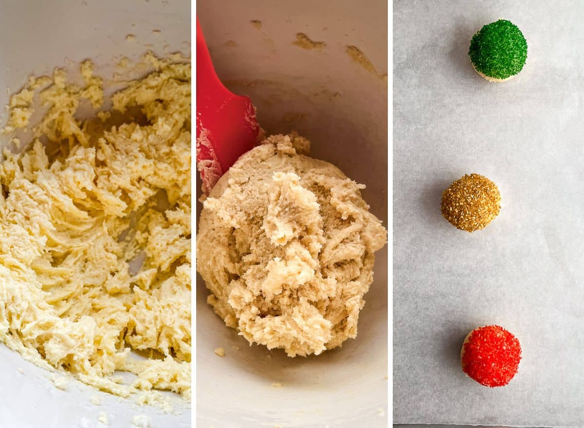 1. Creamed butter and sugar. 2. Drop sugar cookie dough. 3. Dough balls topped with colored sugar.