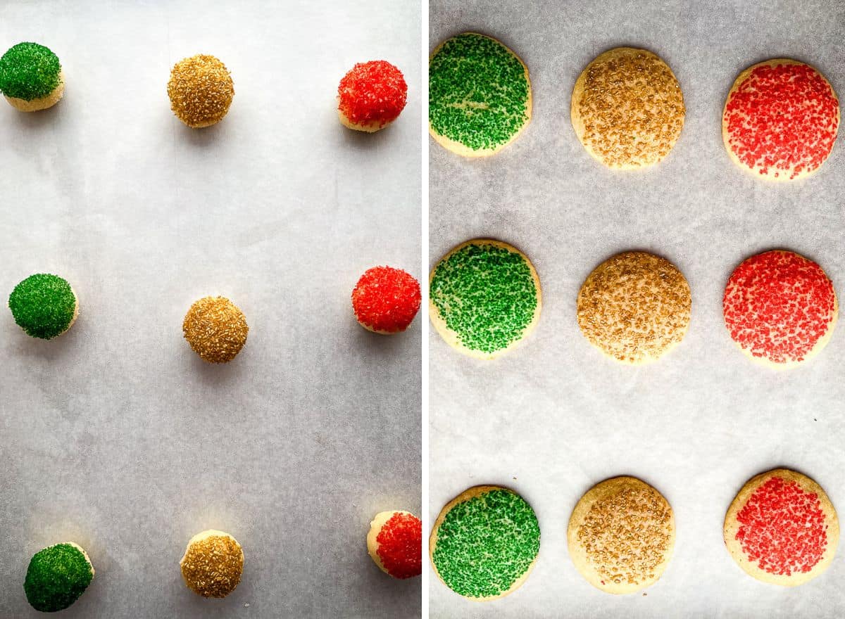 (left) Drop sugar cookie dough on the pan. (right) Baked dropped sugar cookies on the pan.