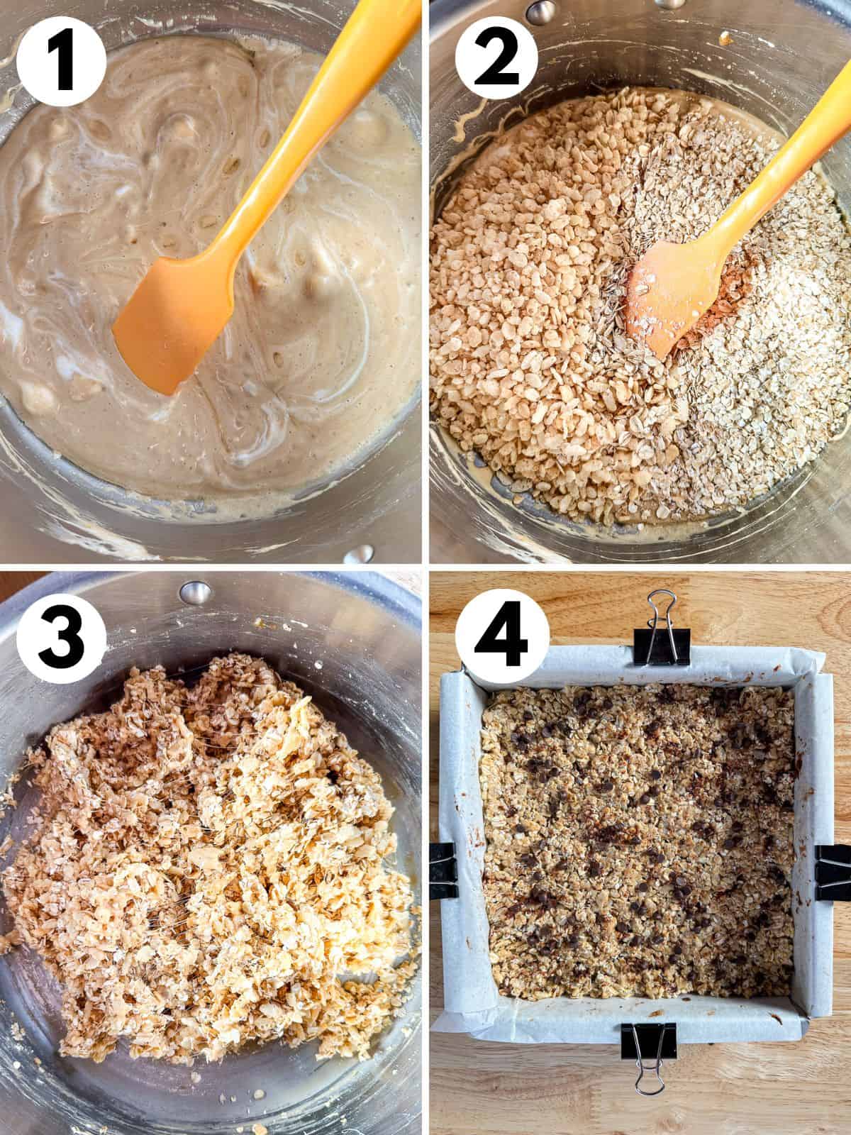 1. Melted butter, marshmallows, and brown sugar. 2. Adding quick cook oats and crisp rice. 3. Chewy bar mixture. 4. Chewy granola bar mixture in pan.