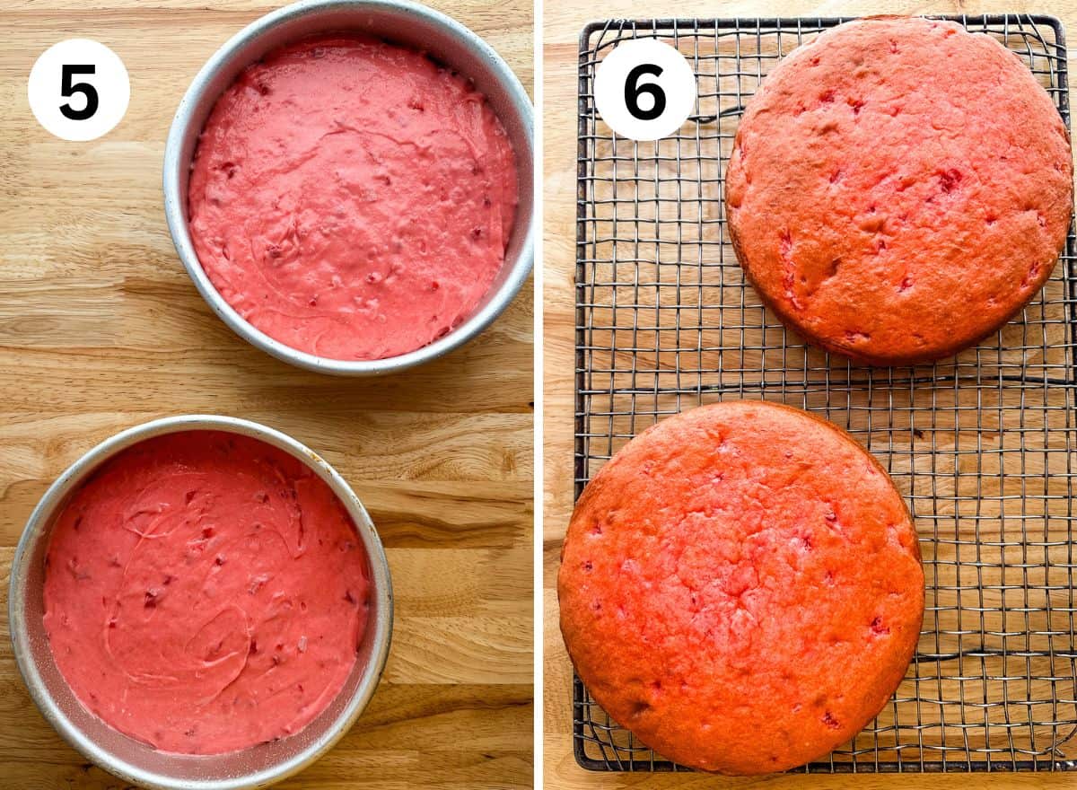 (left) Strawberry cake batter in a pan. (right) Two baked strawberry cakes on a cooling rack.