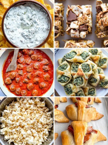 Game day sweets and treats. Clam dip. S'mores bars. Meatballs. Spinach Puff Pastry. Popcorn. Ham and cheese rollups.