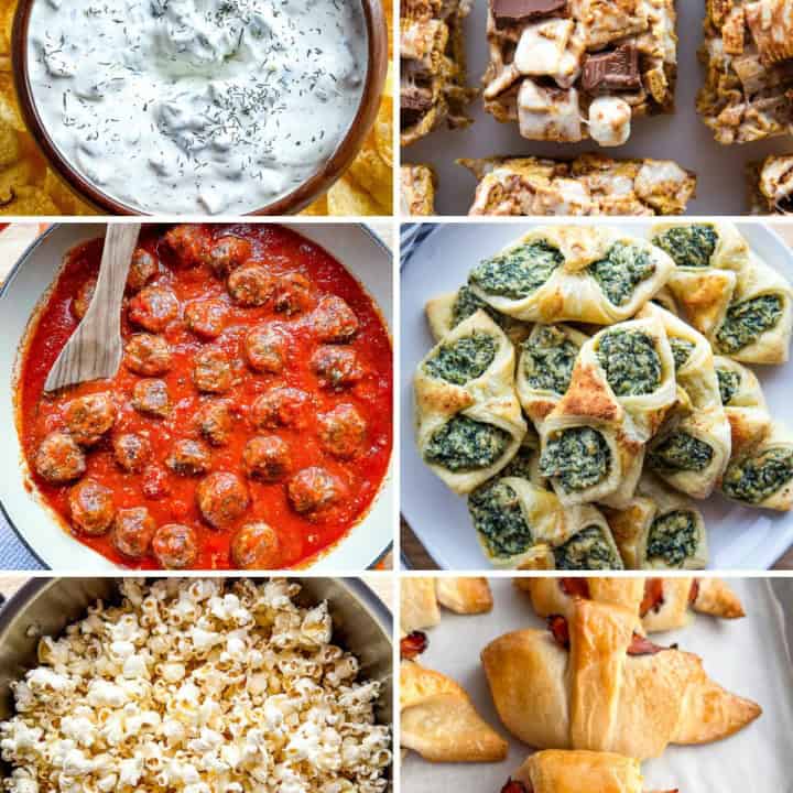 Game day sweets and treats. Clam dip. S'mores bars. Meatballs. Spinach Puff Pastry. Popcorn. Ham and cheese rollups.