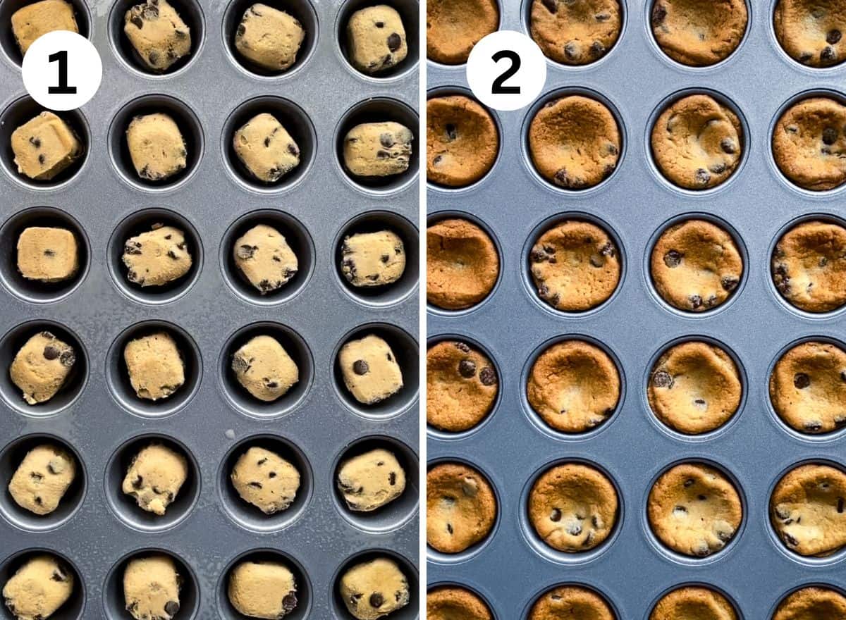 1. Chocolate chip cookie dough in a muffin pan. 2. Baked cookies in the same pan.