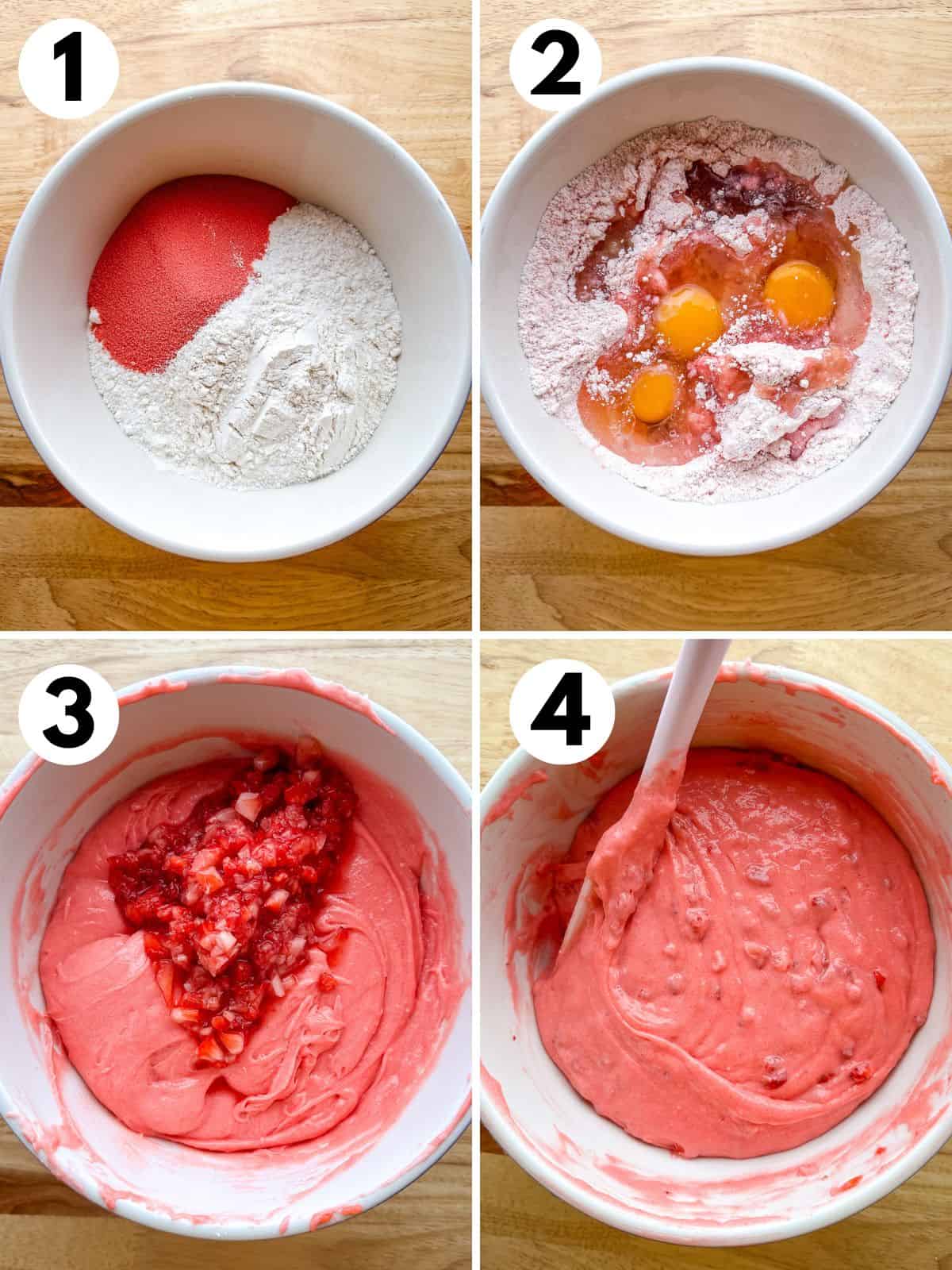 1. Cake mix, strawberry gelatin, and flour in a mixing bowl. 2. Adding eggs, milk, and oil. 3. Mashed strawberries on top of cake batter. 4. Strawberry cake batter in a bowl.