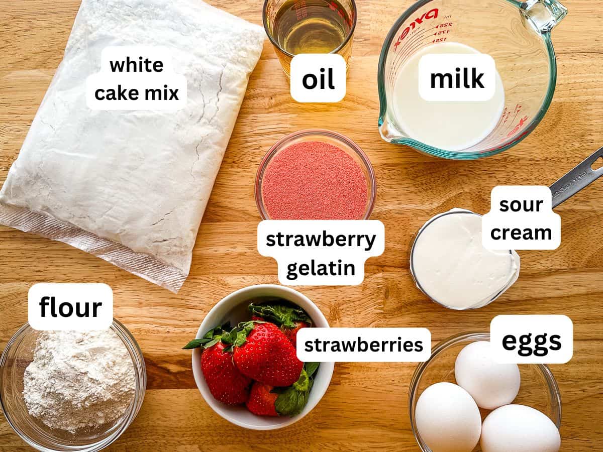 Ingredients for an easy strawberry cake on the counter.