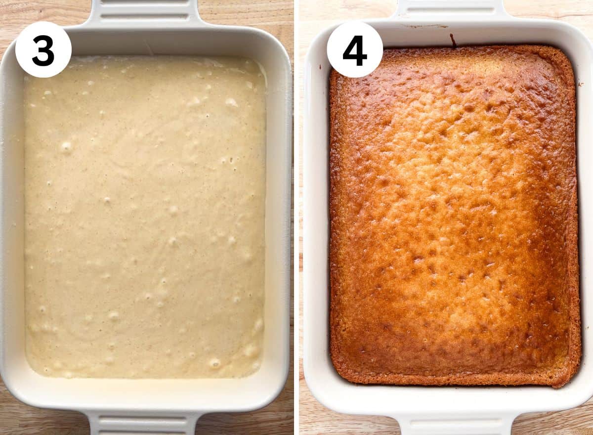 3. Eggless vanilla cake batter in a pan. 4. Baked cake in the pan.