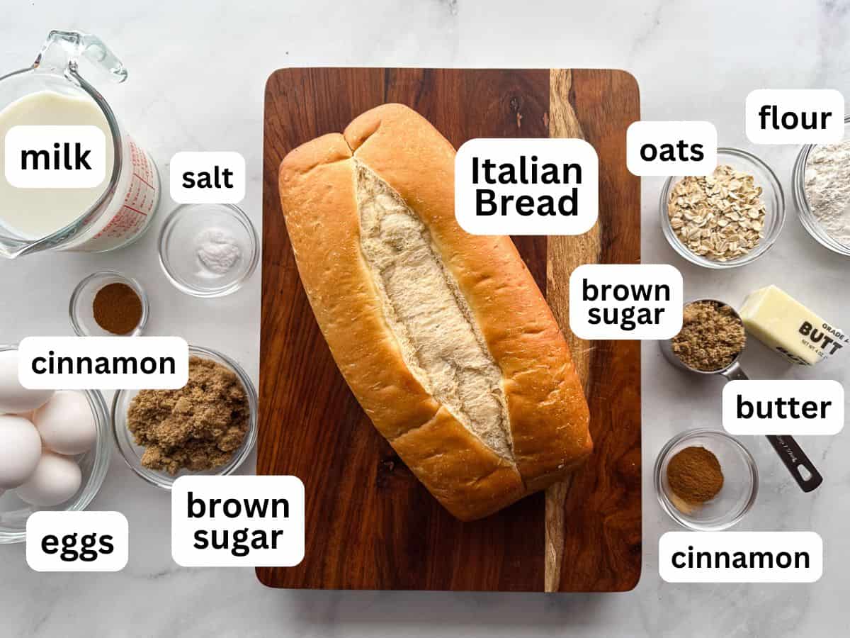 Ingredients for French toast casserole on the counter.