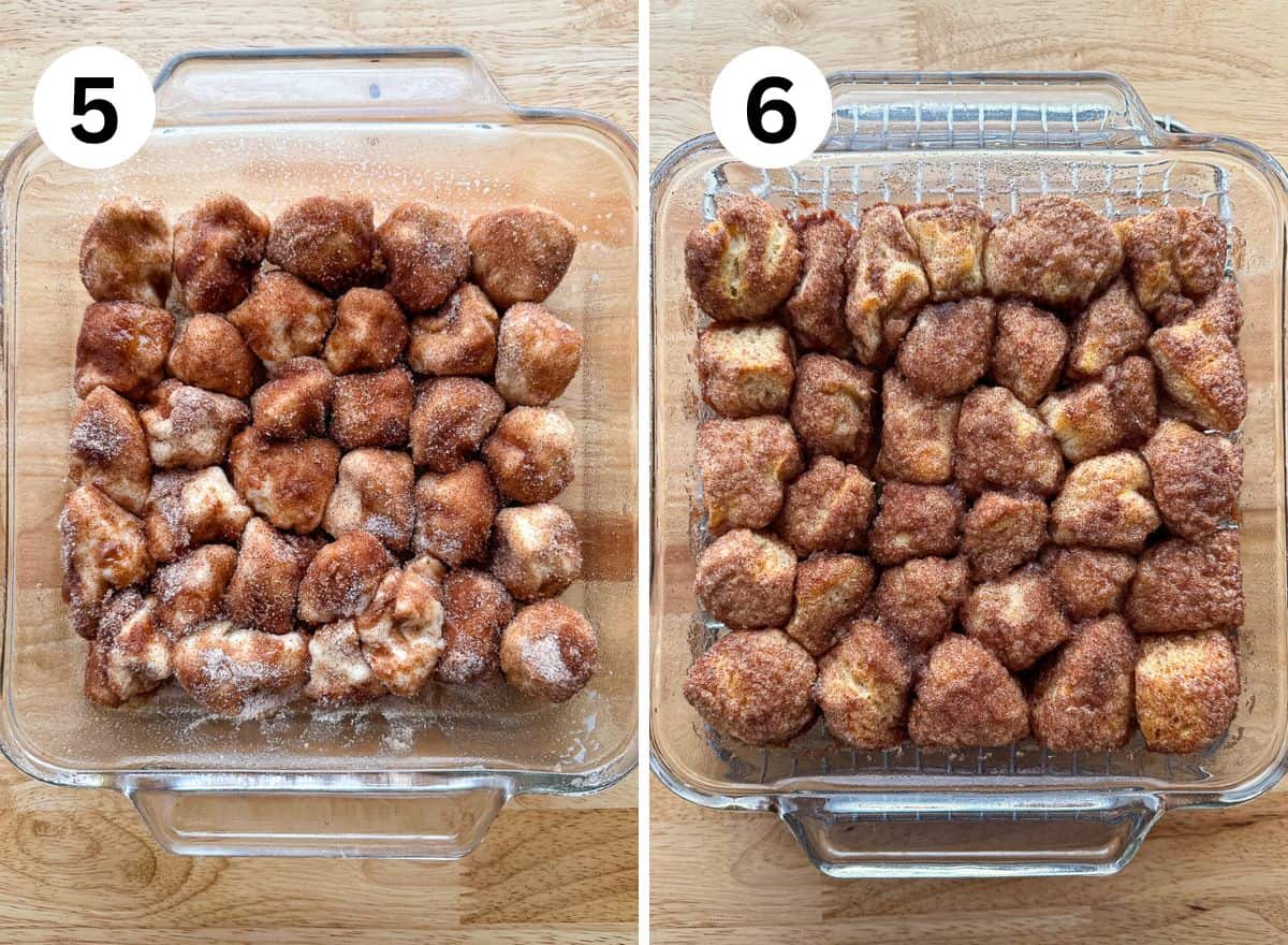 (left) Pull apart coffee cake in a pan. (right) Baked pull apart coffee cake.
