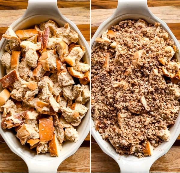 (left) French toast casserole in the baking dish. (right) Topped with oat streusel.