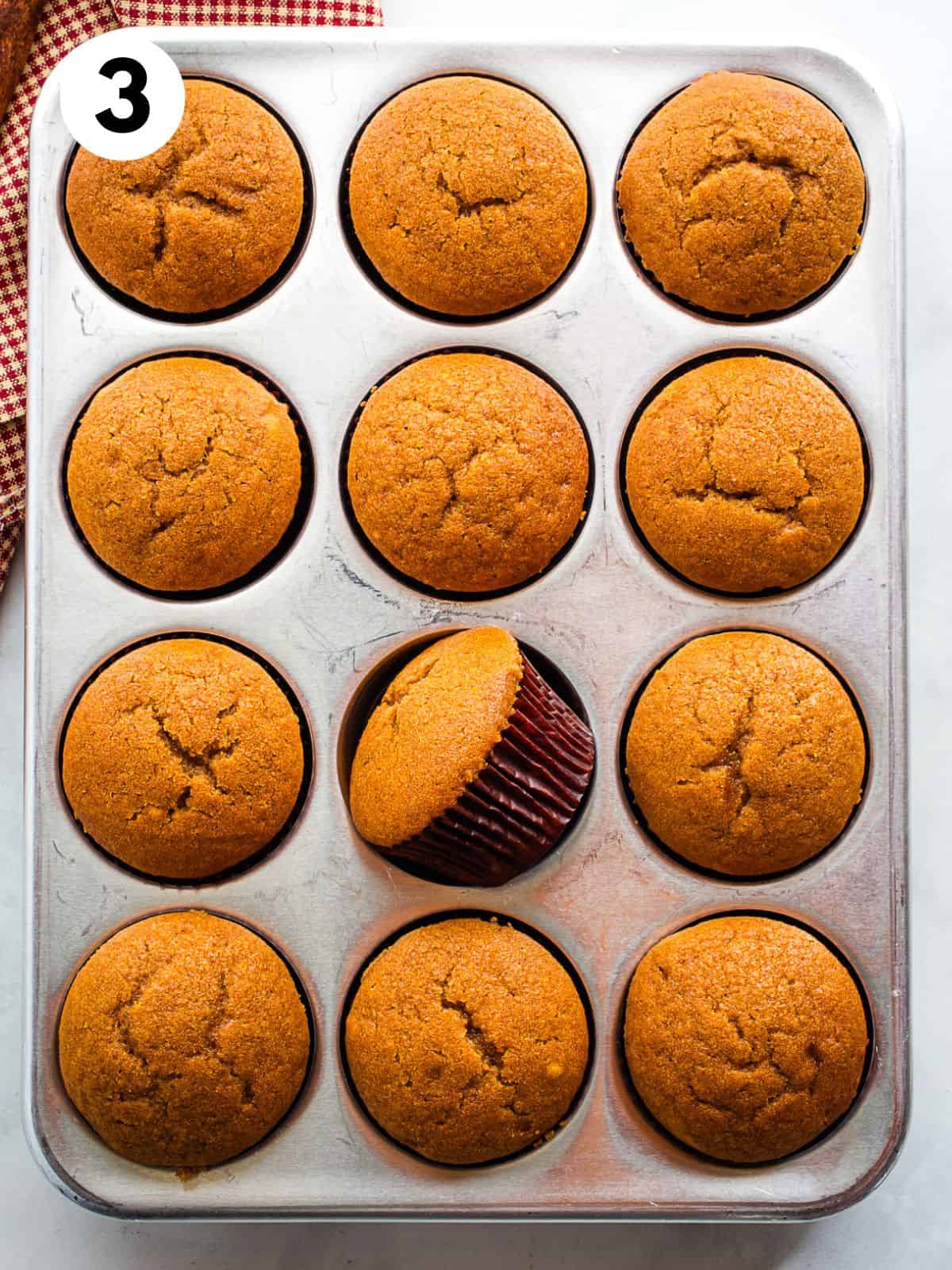 Baked pumpkin muffins in the pan.