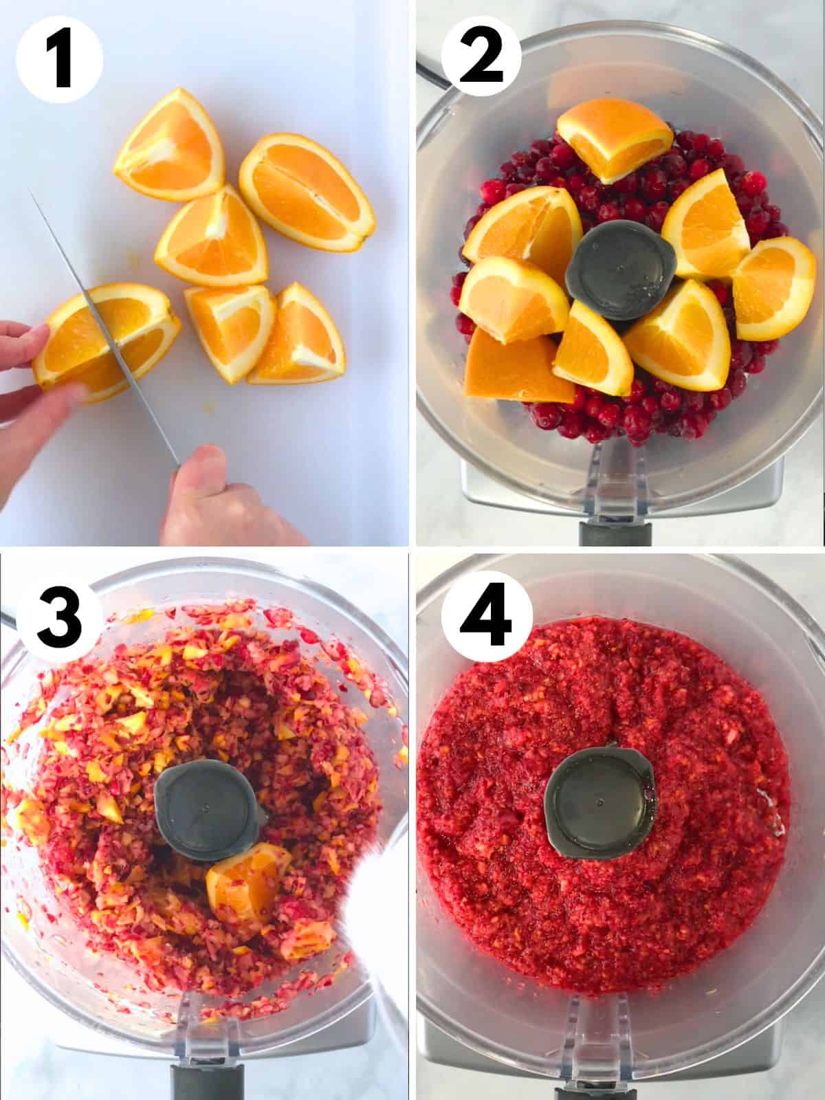 1. Cutting an orange into pieces. 2. Orange pieces and cranberries in a food processor bowl. 3. Chopped cranberries and oranges. 4. Cranberry orange relish in a food processor bowl.