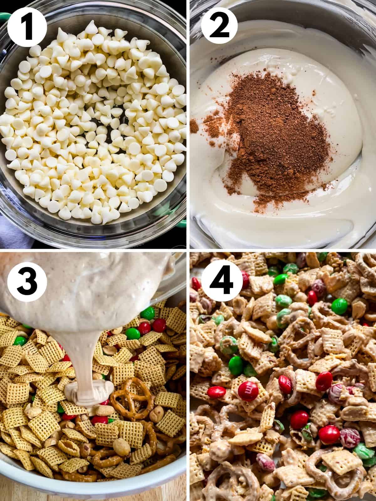 1. White chocolate in a double boiler. 2. Adding spice to melted white chocolate. 3. Pouring melted white chocolate over the cereal mixture. 4. Christmas mix on a sheet pan.