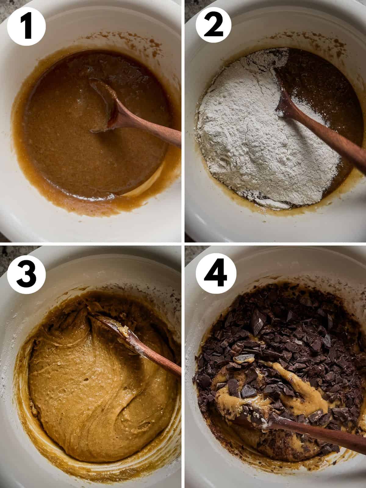 1. Butter, sugars, egg, and vanilla mixed until smooth. 2. Flour sitting on top of butter and sugar mixture. 3. Dough mixed until smooth. 4. Chopped chocolate sitting on top of dough about to be mixed in.